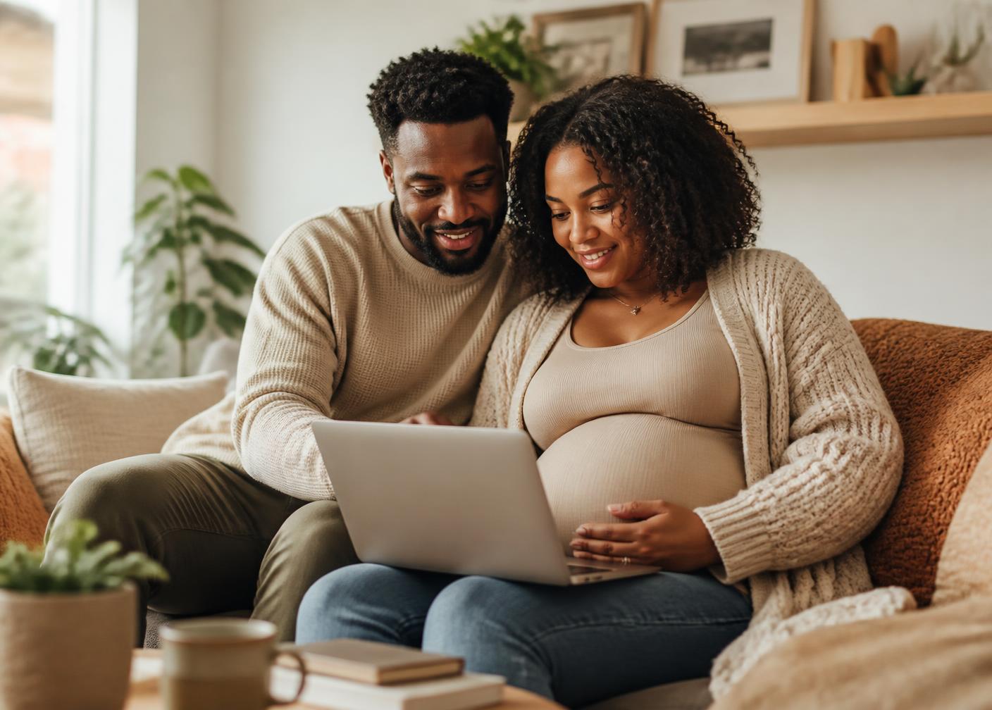 An expectant couple learning together from a laptop at home