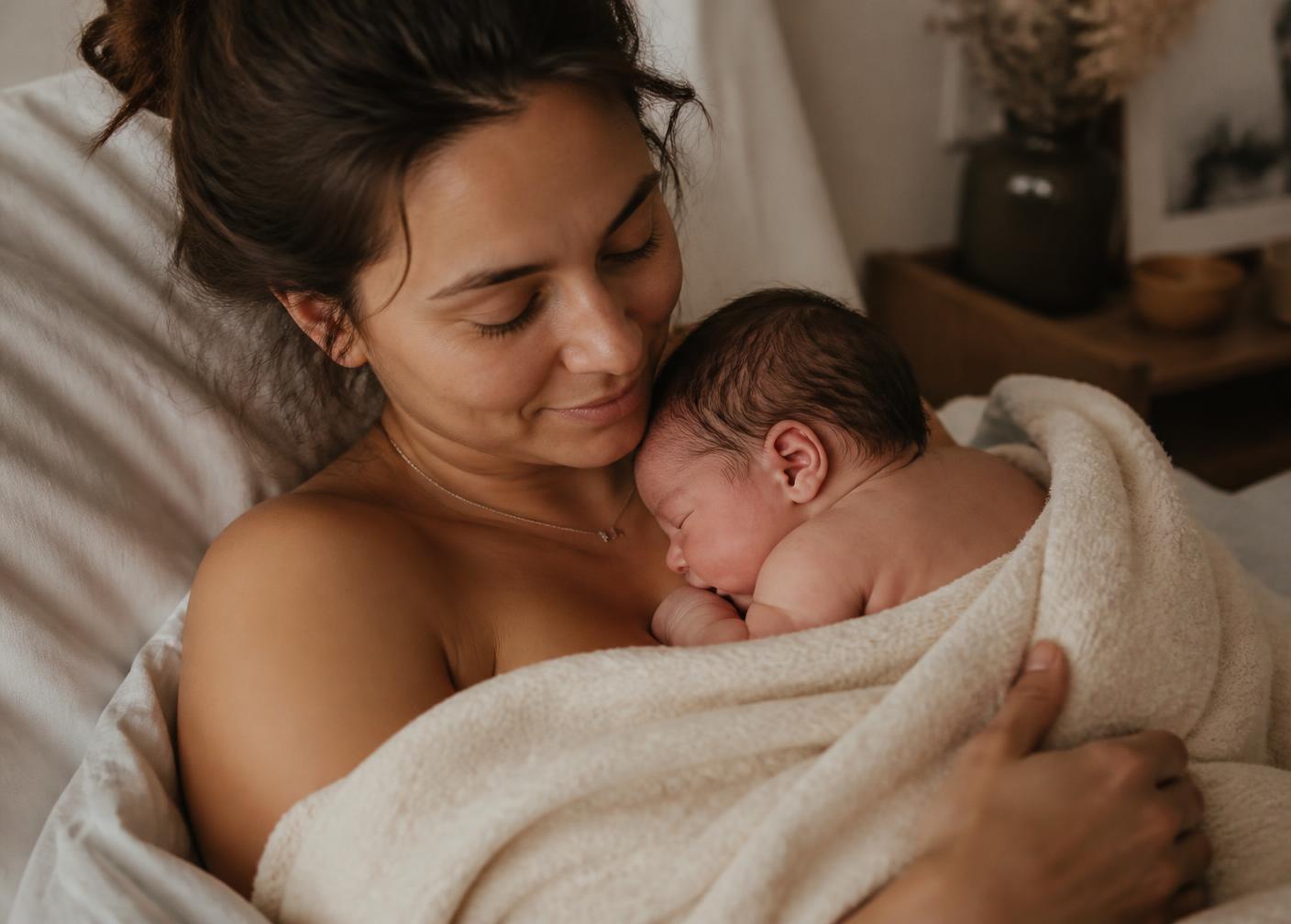 A mother resting with her newborn during the postpartum weeks